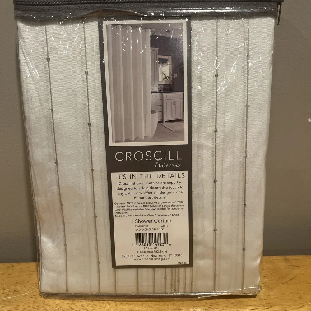 Croscill Fabric Shower Curtain Starbright Silver Shiney Stripe Embroidery 72x72